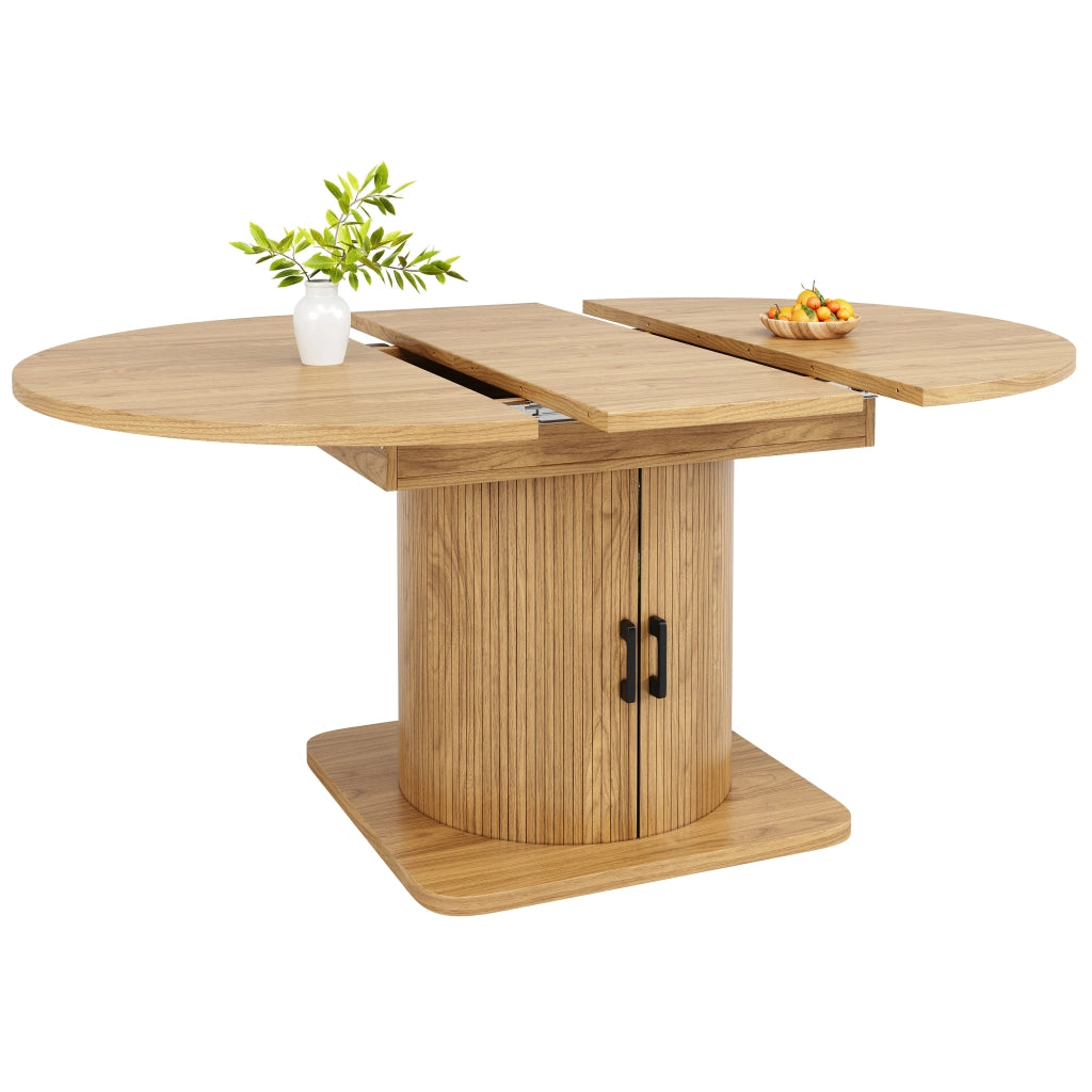 Tavolo da pranzo allungabile con contenitore; ripiani rimovibili e portabicchieri; in MDF e metallo; naturale; 118-158 × 118 × 76 cm