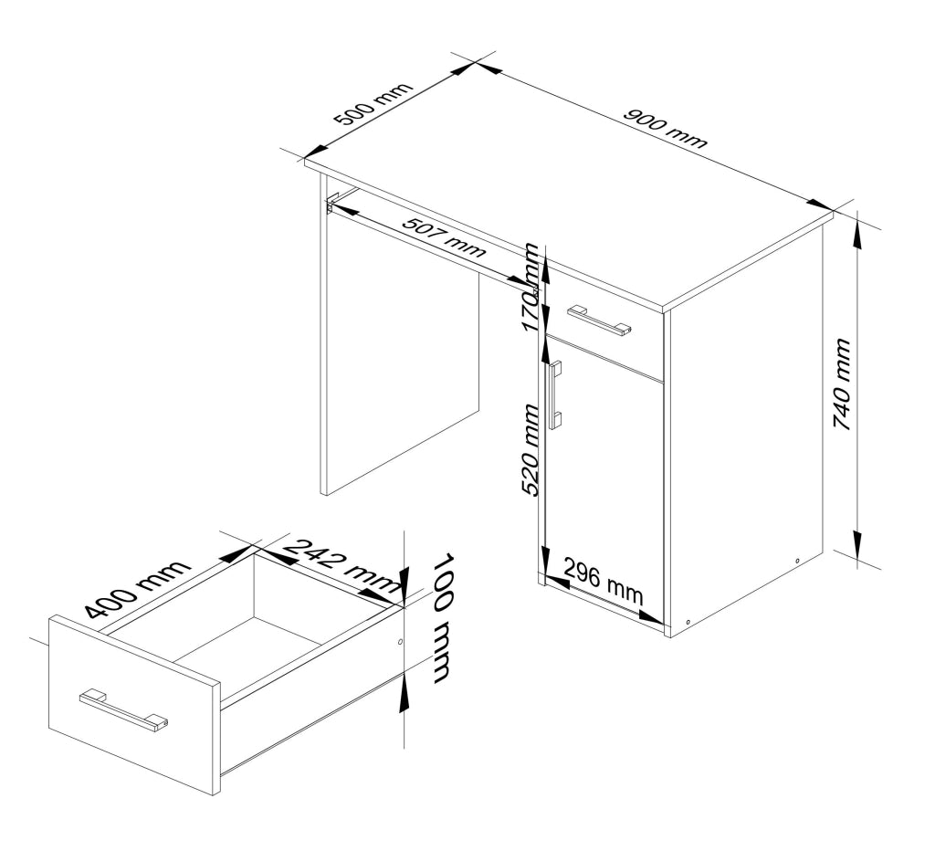 Scrivania AKORD PIN Wengé 90 cm 1 anta 1 cassetto 90x50x74 cm
