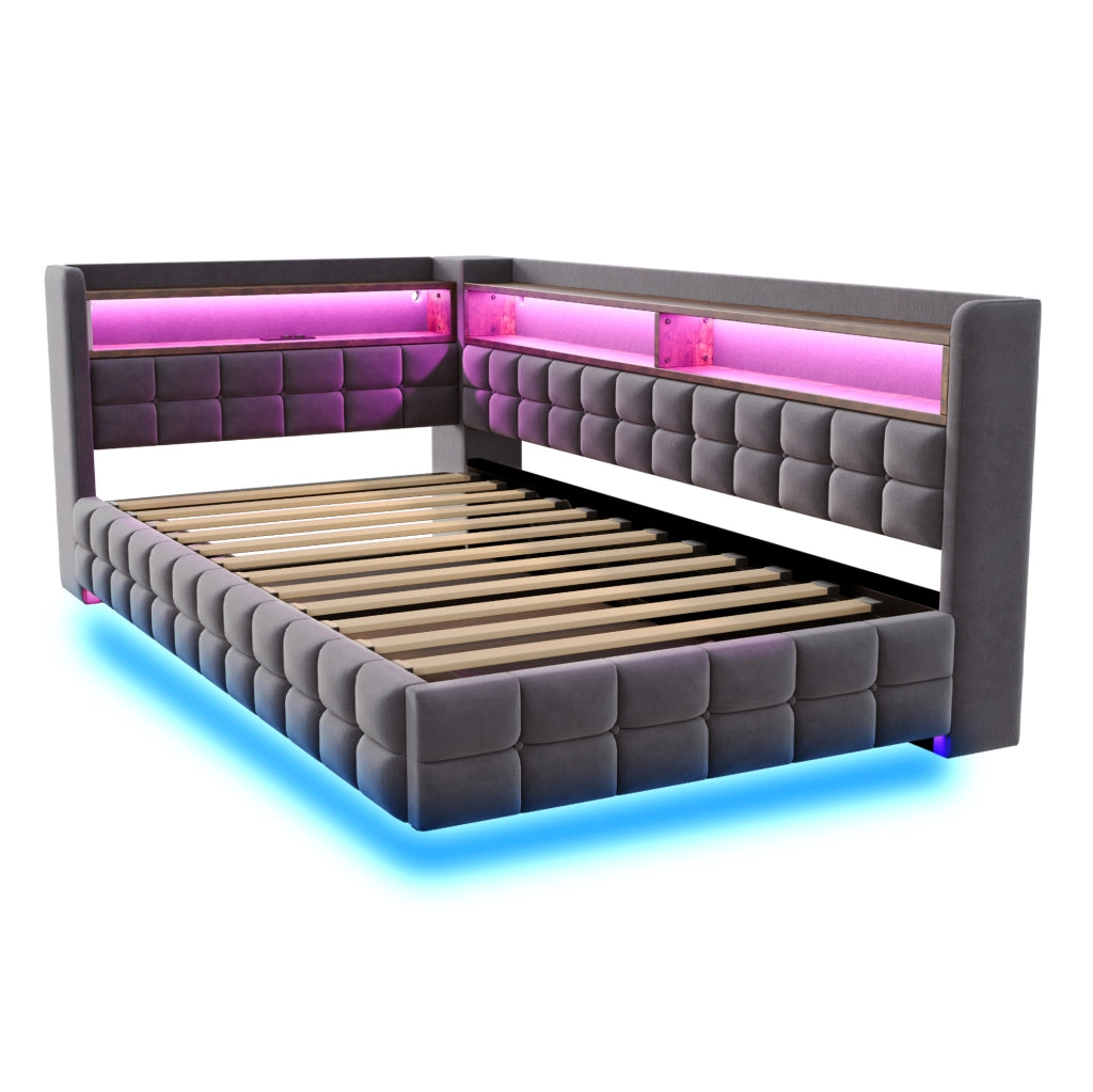Divano letto ULEVR 90x200 cm in velluto grigio con contenitore idraulico, LED, prese USB e ripiani