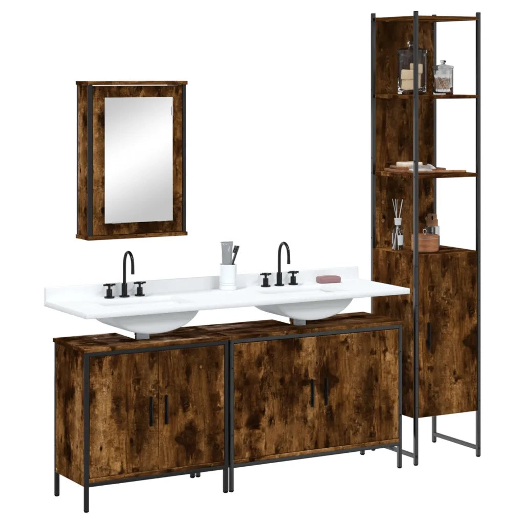 Set Mobili da Bagno | Armadio da bagno 4 pz Rovere Fumo in Legno Multistrato