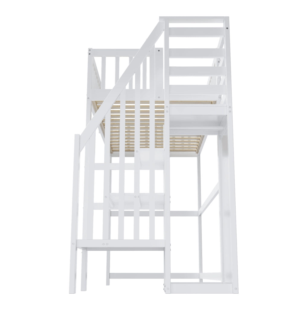 Letto a soppalco 90x200 cm; con scala e armadio; legno; bianco (Senza materasso)