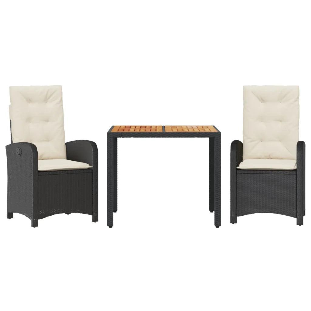 Set da Pranzo da Giardino 3 pz | Set Salotto da Giardino con Cuscini Nero in Polyrattan