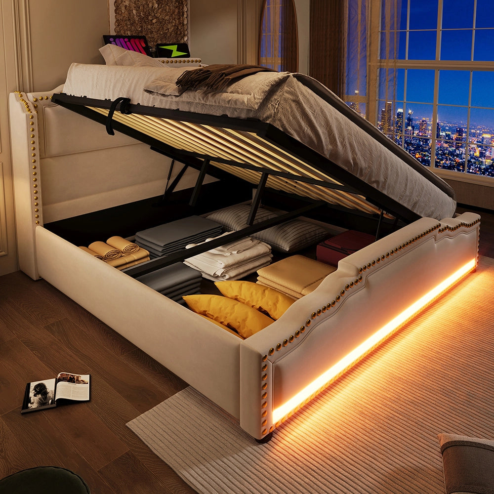 Letto matrimoniale-Xylo-140x200 cm-idraulico, LED, USB-C, velluto beige, con materasso