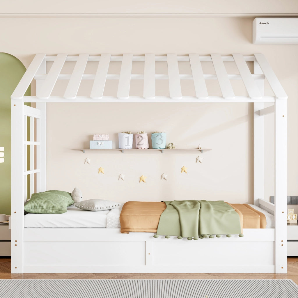 LETTO PER BAMBINI A CASETTA 90x200 cm Bianco in legno con vano contenitore
