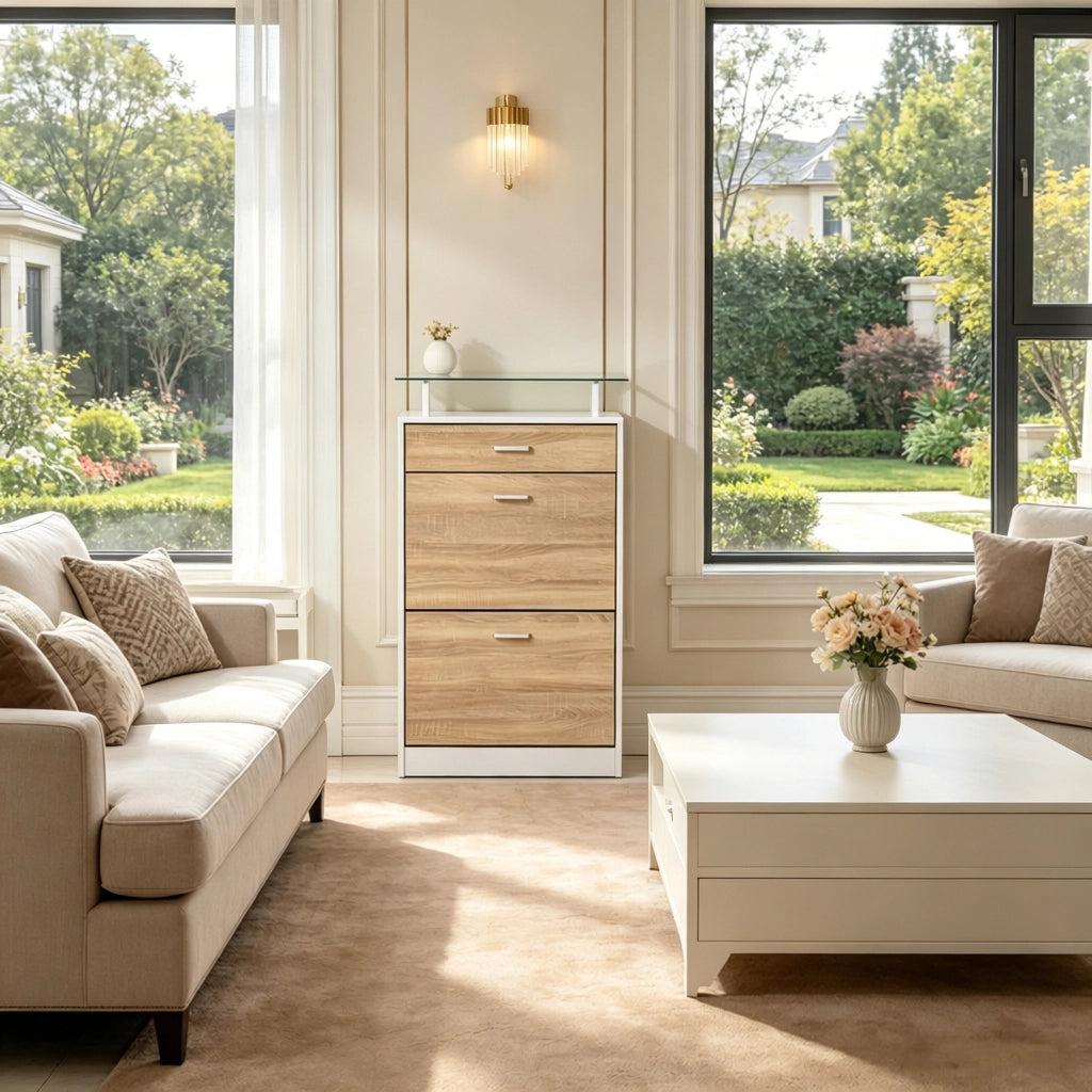Scarpiera con ripiano in vetro e 2 ante a ribalta, divisorio a 2 posizioni, bianco e rovere chiaro 60 × 24 × 105,5 cm