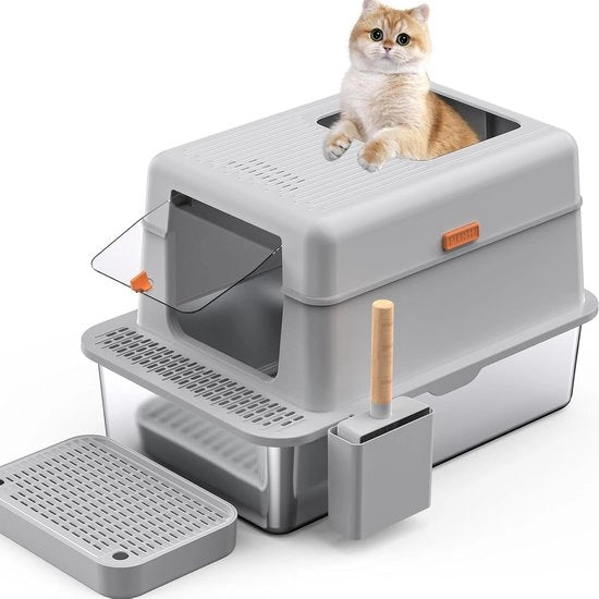 Cassetta per gatti in acciaio inossidabile con coperchio rimovibile 60x40x39cm 36L cassetta per gatti in acciaio inossidabile con bordo alto, chiusa, grande cassetta per gatti in metallo con pedale e rastrello (grigio chiaro)