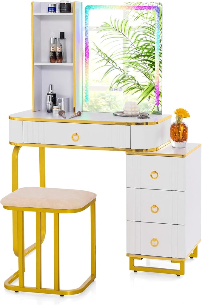Toeletta da Trucco con Luci, Set Tavolo da Trucco con Sgabello 4 Cassetti, 7 Colori Regolabili di Luce, Porte USB, Telecomando, per Soggiorno Camera da Letto (Bianco)
