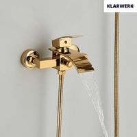 "ROSA" | Miscelatore vasca a cascata doccia oro | in acciaio inox comprensivo di doccetta e supporto | Set completo termostato vasca con rubinetto