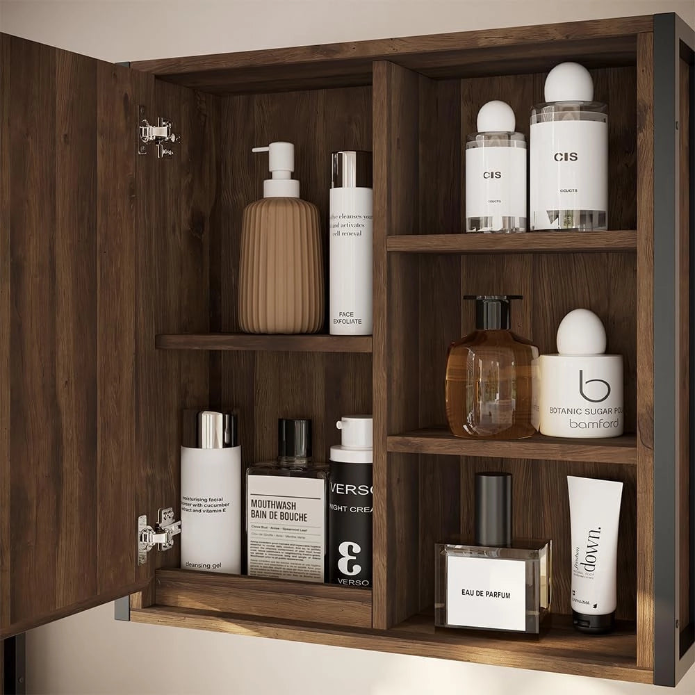 Specchio contenitore bagno Naola, Quercia/nero, 62.2 x 62.5 cm con 1 porta a specchio, per la conservazione di articoli da bagno e asciugamani