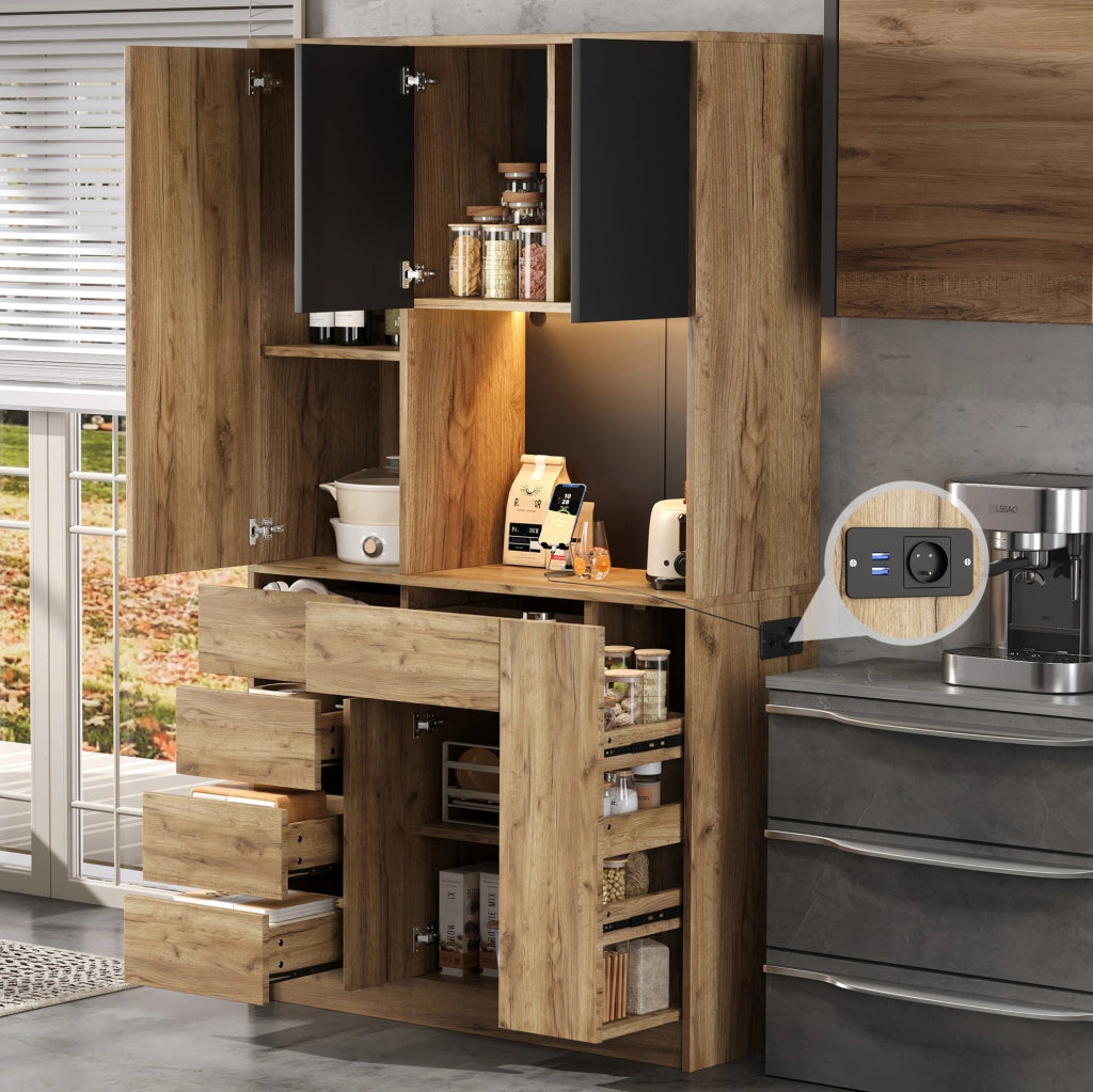 Mobile buffet da cucina con LED; presa integrata e ripiani regolabili 185 x 105 x 40 cm; nero e naturale