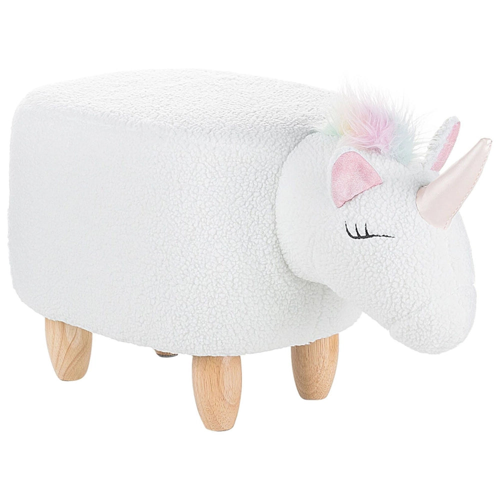 Sgabello per bambini Unicorno animale Tessuto in poliestere bianco Gambe in legno imbottite Poggiapiedi per scuola materna