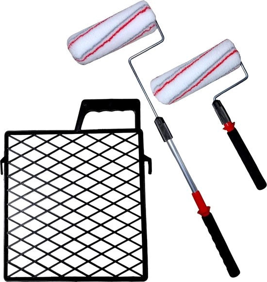 Set di pennelli a rullo estensibili con fibre di lana 2 cm di altezza, larghezza 25 cm - Barra telescopica ergonomico 40-80 cm - Griglia in plastica 30 x 26 cm per pareti di intonaco, soffitti e mansarde