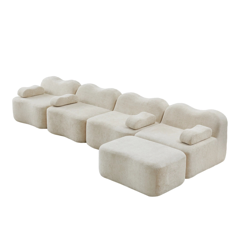 Divano angolare modulare 4 posti con pouf 384x167x70 cm in velluto beige