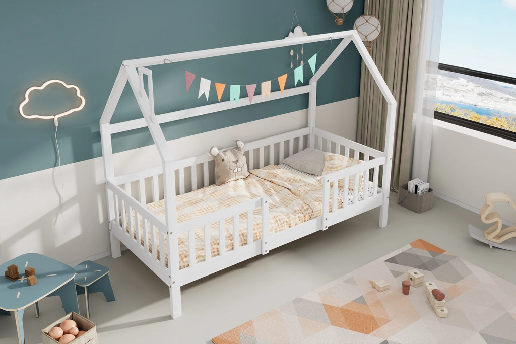 DESMIU Letto a casetta per bambini 90 × 200 cm 1 posto con barriere, senza materasso, in pino, bianco