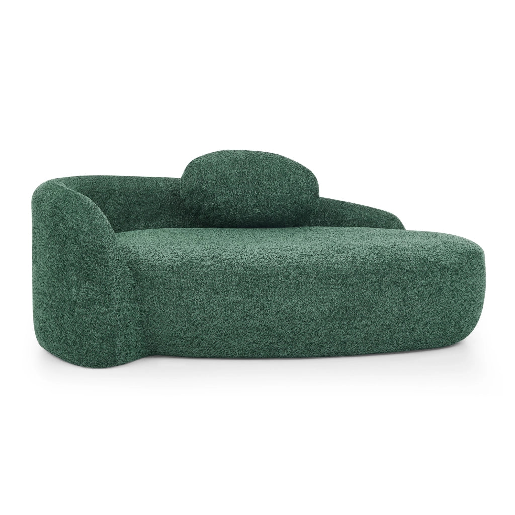 Divano lineare compatto con cuscino poggiatesta e design arrotondato in teddy verde
