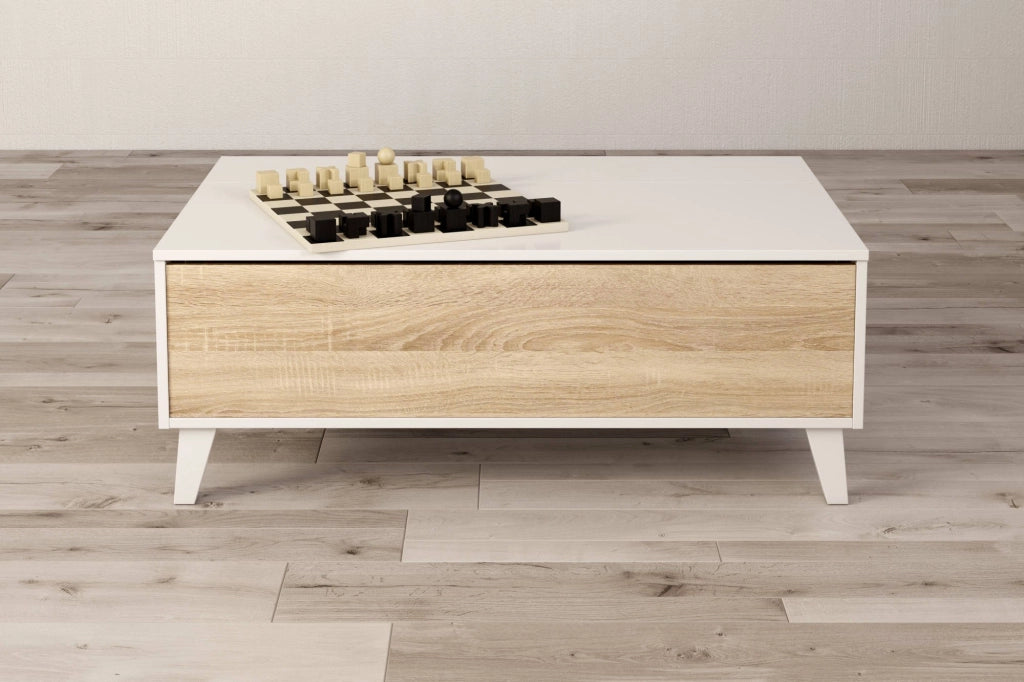 Tavolino da salotto Parche, Tavolino da caffÒ¨, Tavolo basso da soggiorno, cm 100x68h38, Bianco lucido e Rovere