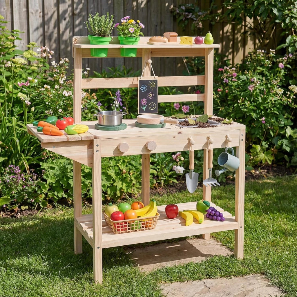 Set da Cucina Giocattolo per Bambini, Cucinetta in Legno con Fornelli, Lavello, Manopole Rotanti, Lavagna, Vasi di Fiori e Scaffali Portaoggetti, per Bambini 3+ Anni