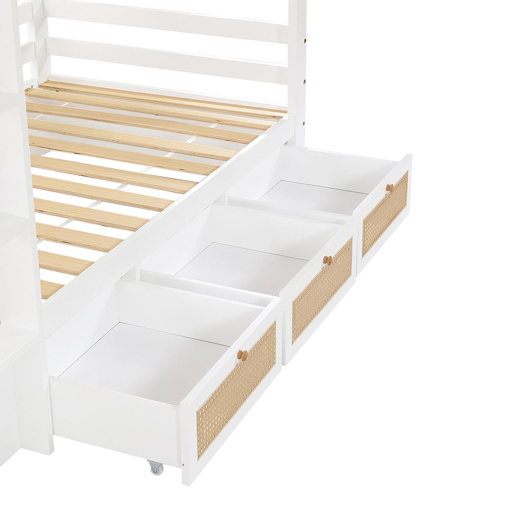 Letto a castello in vimini - Xylo - 90x200cm bianco/naturale, 3 cassetti