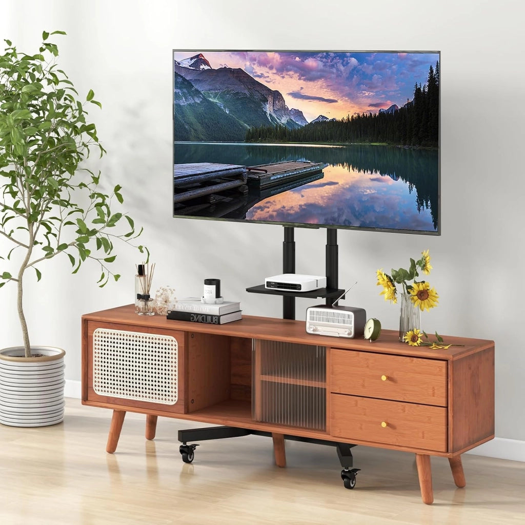 Supporto TV da Pavimento per TV LCD LED da 32-70 Pollici, Supporto TV Regolabile in Altezza a 8 Livelli, Carico 50 KG, VESA Max 600 X 400 MM, con Ripiano per TV Piatto/Incurvi, per Casa, Ufficio