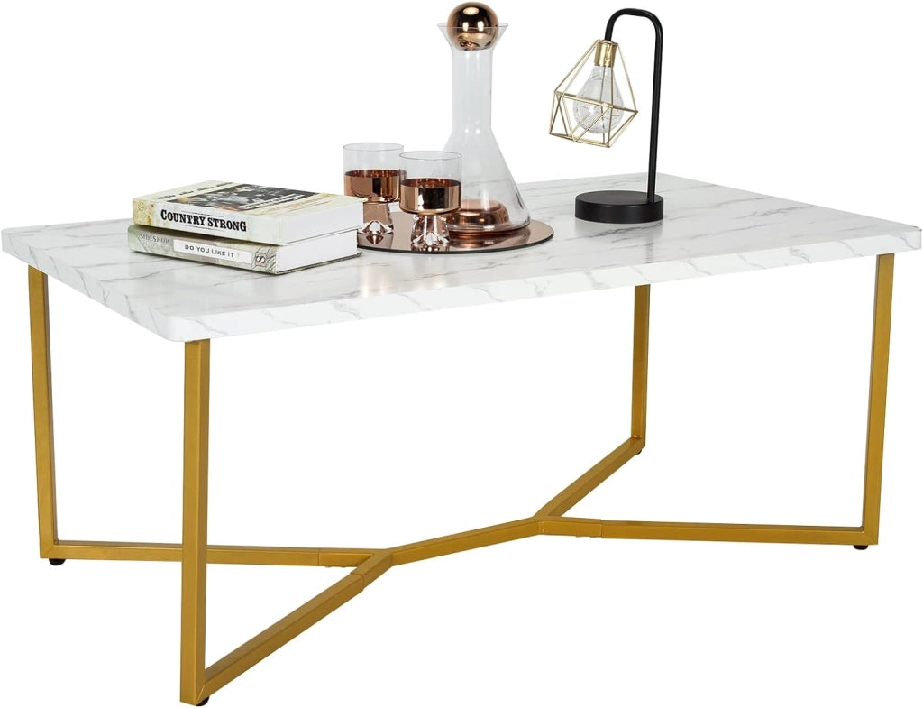 Tavolino Basso da Caffè per Salotto Soggiorno, Tavolino Rettengolare, con Effeto Marmo Bianco Lucido, 107 x 60 x 45,5 cm