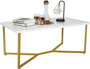 Tavolino Basso da Caffè per Salotto Soggiorno, Tavolino Rettengolare, con Effeto Marmo Bianco Lucido, 107 x 60 x 45,5 cm