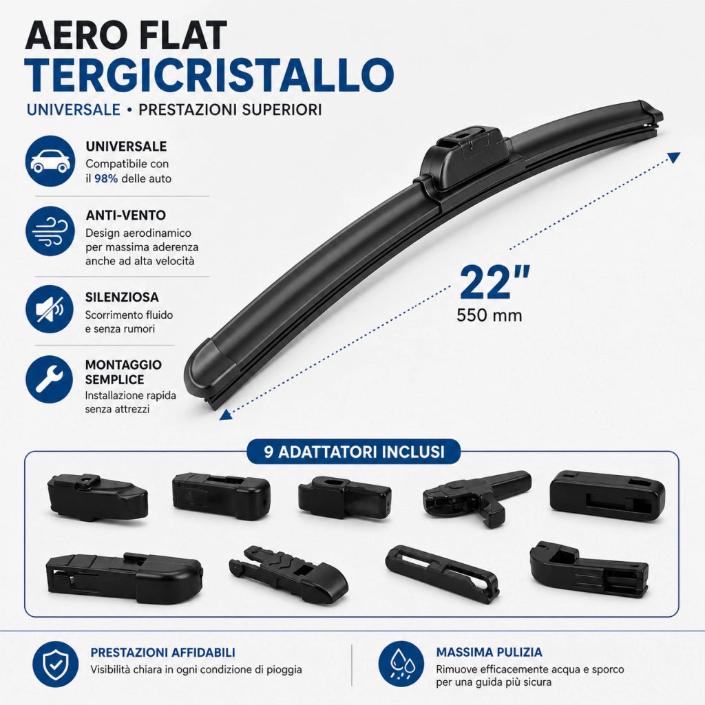 SPAZZOLE TERGICRISTALLI PIOGGIA UNIVERSALE AUTO AERO FLAT 9 ATTACCHI 22" 550 mm