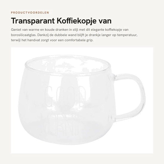Tazza per Caffè a Doppia Parete - Vetrata Borosilicata - Maniglia - Ideale per Bevande Calde - Perfetta per Cappuccino/Latte - Tazza per Tè