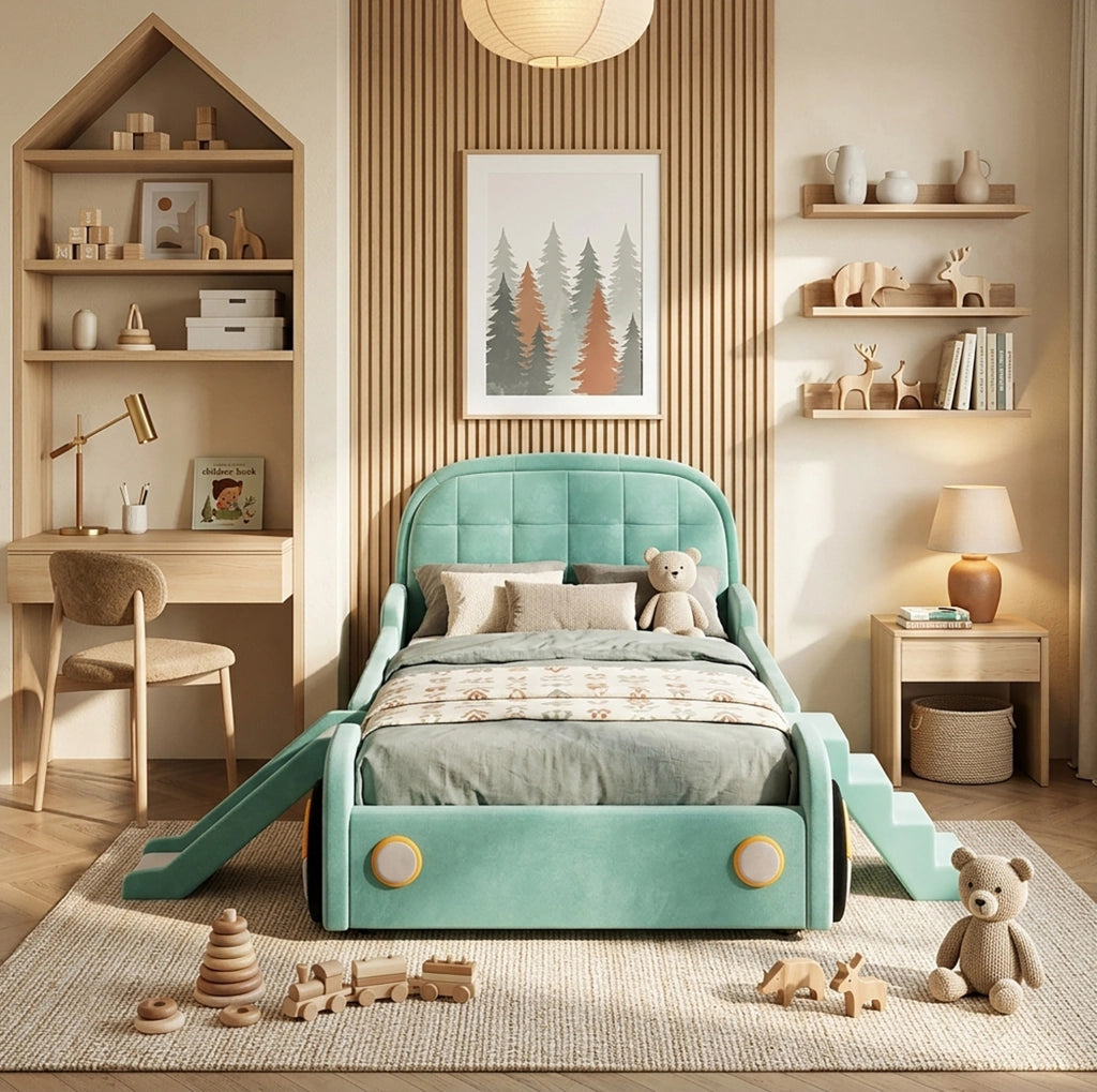 Letto per bambini a forma di auto con scivolo e scala 90x200 cm