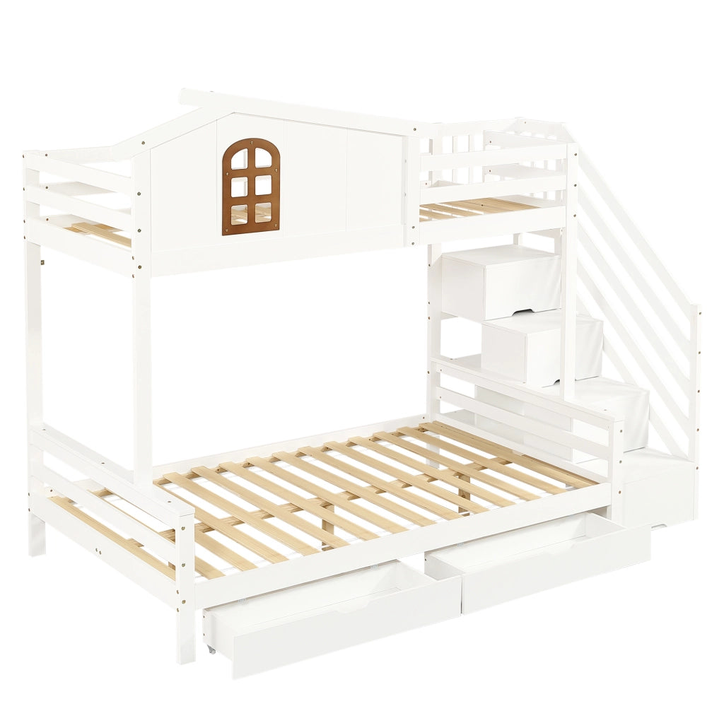 Letto a castello per bambini con 2 cassetti e scala ad angolo; per materassi 90x200 cm e 120x200 cm; bianco e naturale