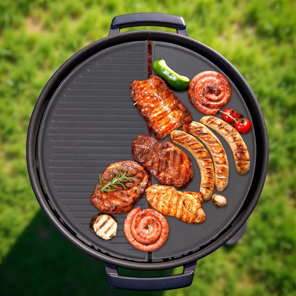 Set 2x Piastra in ghisa rigata, forma a mezza luna, 49,8 x 24,3 x 1,5 cm, griglia in ghisa per barbecue, bistecchiera, ideale per grigliare carne, pesce, verdure