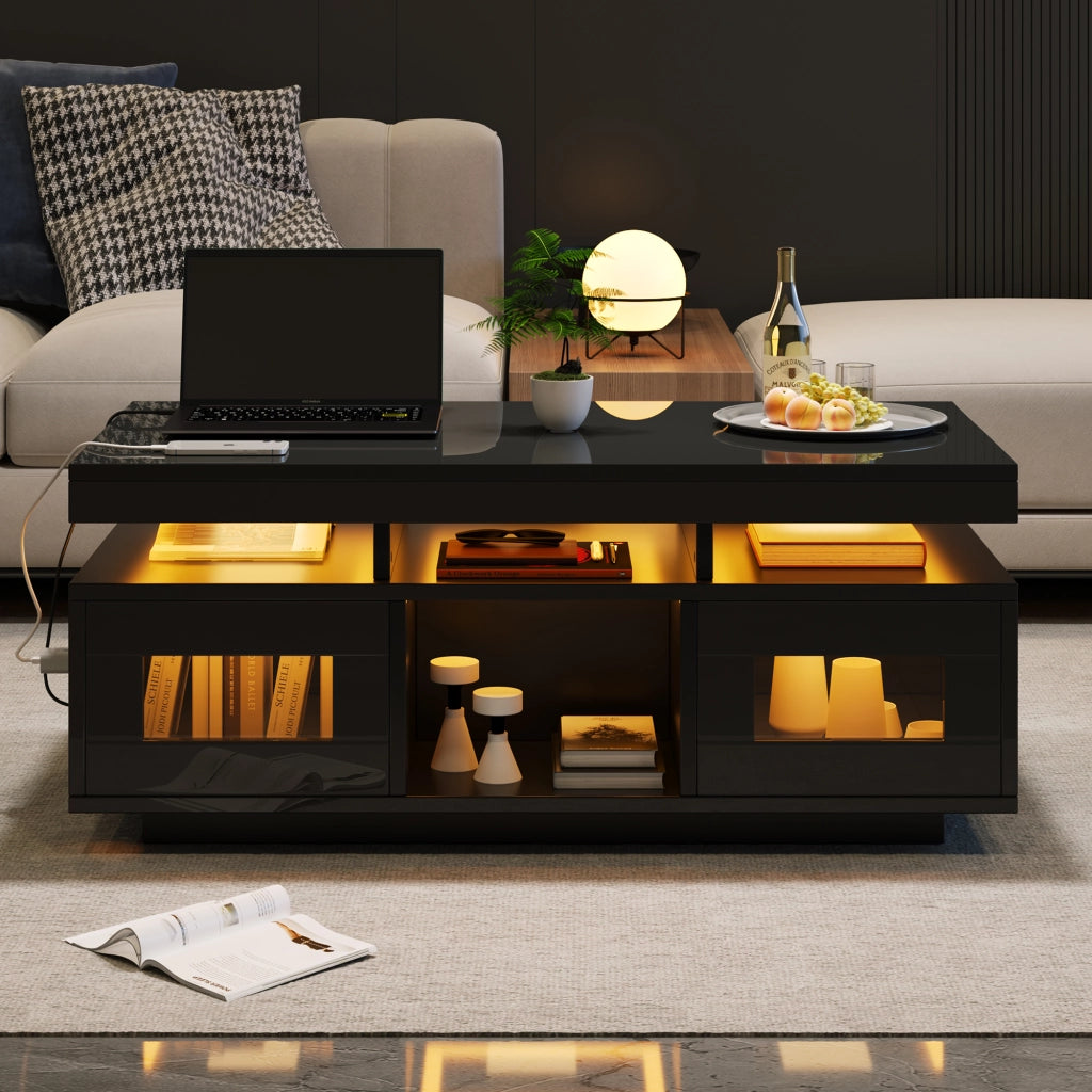 Tavolino da Caffè con 2 Ante e 2 Vani Semiaperti e LED; Presa + USB; Nero Lucido; in Pannello truciolare; 100×50×43 cm