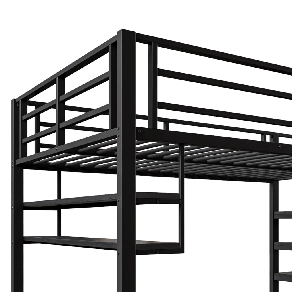 OKWISH Letto a Soppalco 140×200 cm, Letto Matrimoniale con Mensole, Scala con Contenitori e Sponda, senza Materasso, Metallo, Nero