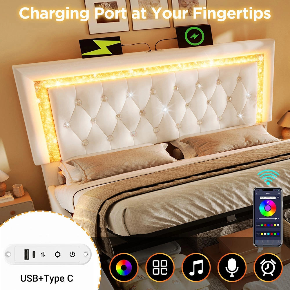 Letto imbottito-Xylo-160x200cm LED diamante USB-C idraulico velluto beige senza materasso