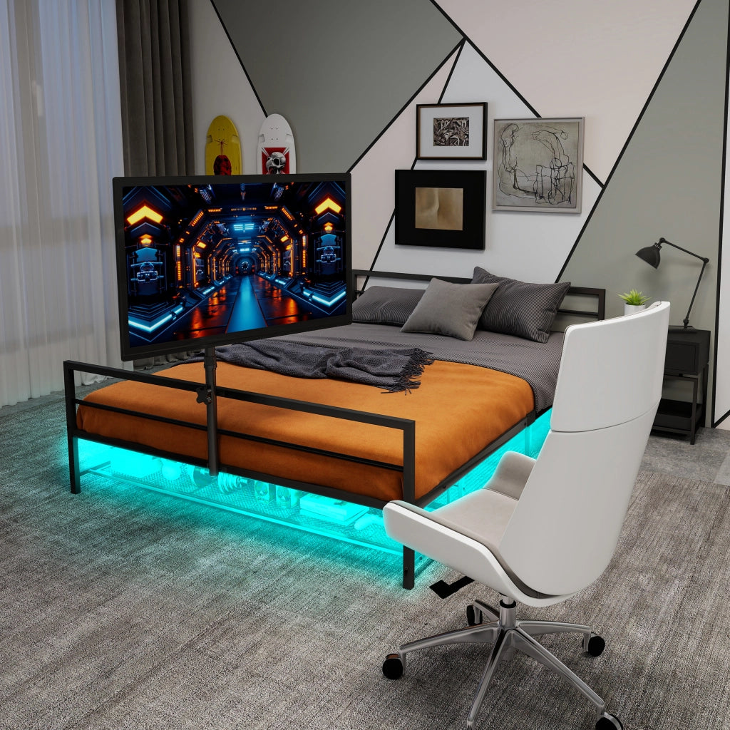 LETTO Gaming in Metallo Nero con Supporto Regolabile e Luci LED