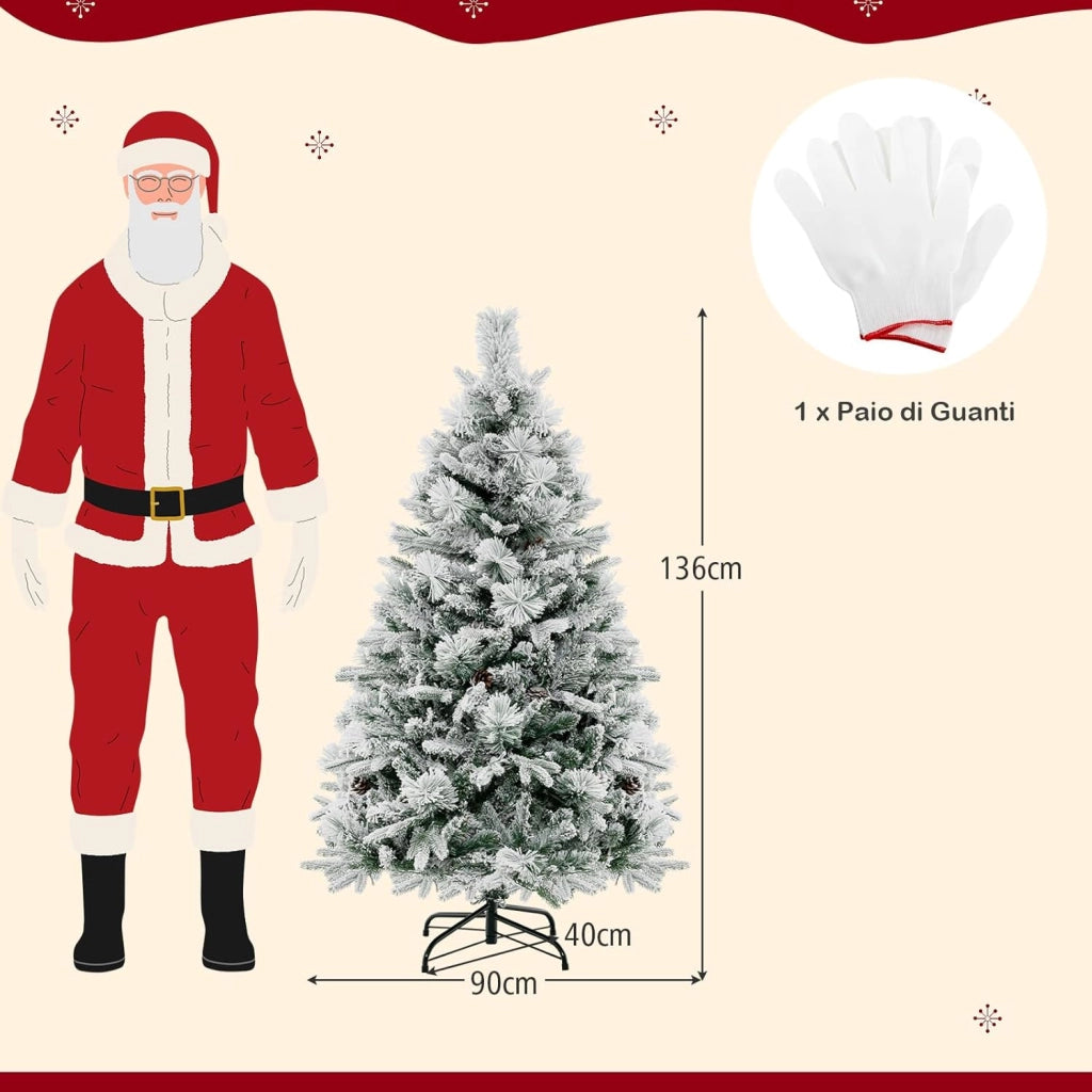 Albero di Natale Innevato 136/180/210 cm, Albero di Natale con 160/240/320 Luci LED, 472/850/1270 Rami di PE e PVC, 26/34/40 Pigne, Aghi di Pino e 8 Modalità di Illuminazione (136 CM)