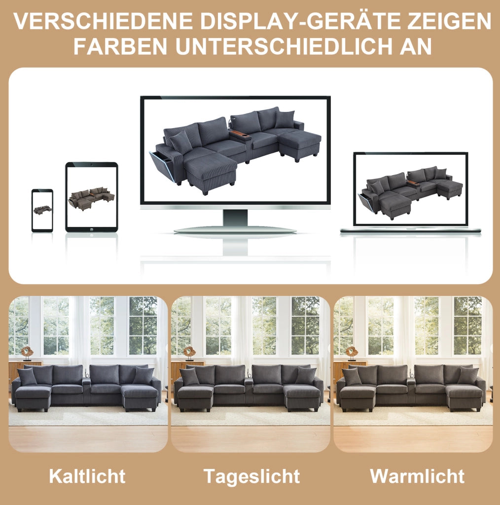 Divano a U ULEVR 334x128,5x81 cm in velluto a coste grigio con 2 pouf contenitore, LED, USB e Type-C
