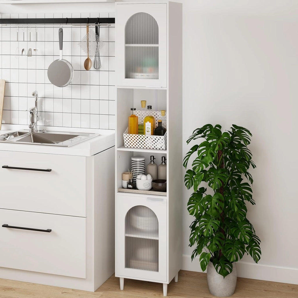 Mobiletto da Bagno, Armadio Alto in Legno con 2 Ante in Vetro Scanalato e Ripiani Regolabile, 35 x 30 x 180 cm, Mobile Salvaspazio per Cucina e Soggiorno (35 x 30 x 180 cm)