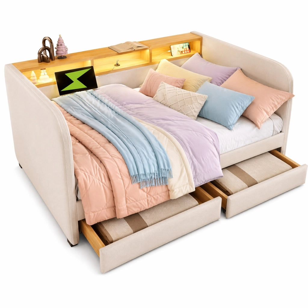 Letto imbottito 140x190 cm con LED, USB-C, 2 cassetti e testiera contenitore, beige chiaro