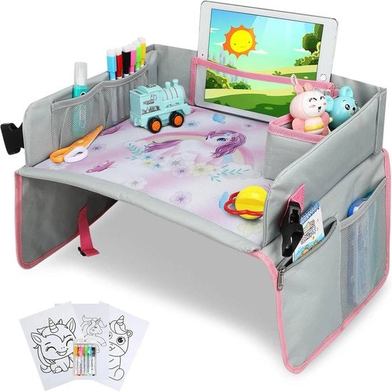 Borsa di viaggio per bambini - Scrivania da viaggio pieghevole con scomparto frigo e supporto tablet - Inclusa con quaderni colorati e 6 matite colorate tavolo da viaggio per bambini