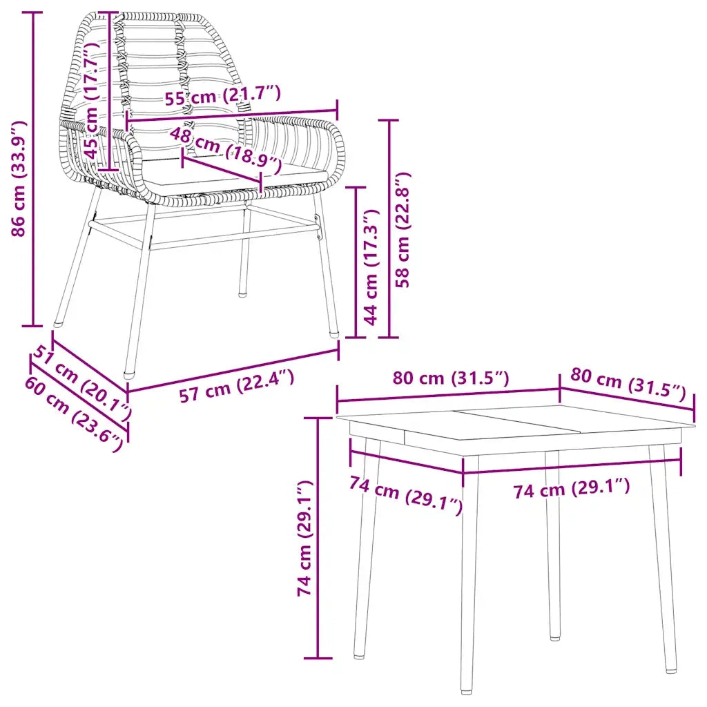 Set da Pranzo da Giardino 5pz con Cuscini Polyrattan Vetro