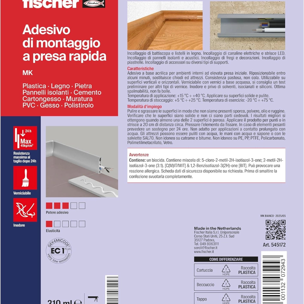Fischer mk colla adesivo di montaggio rapido bianco per ambienti interni 310 ml