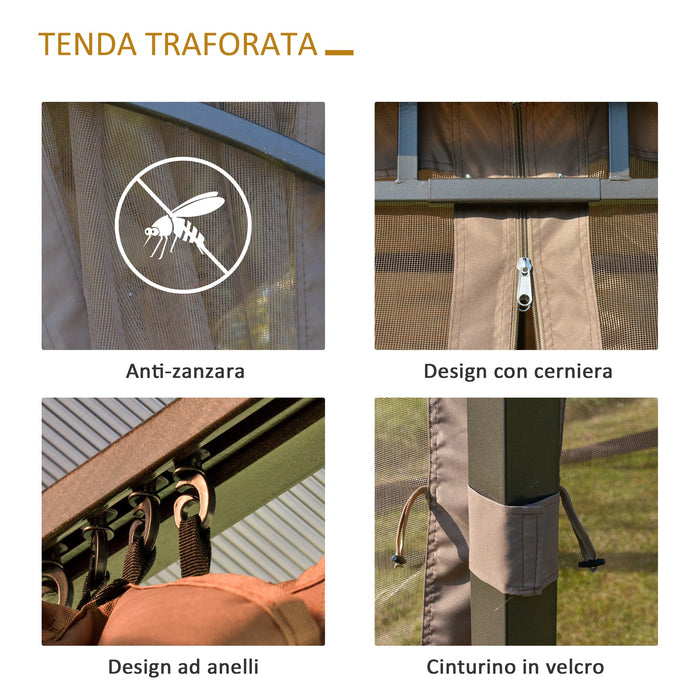 Gazebo da Giardino con Zanzariera 3,6x3m Tetto in Policarbonato Marrone