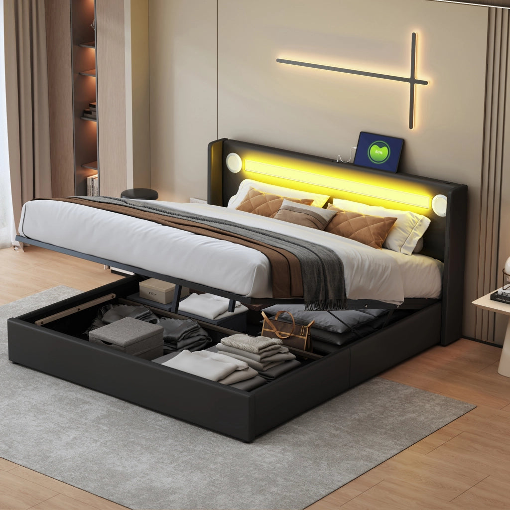 Letto imbottito nero con funzione LED bluetooth e ricarica USB in pelle sintetica 160x200 cm