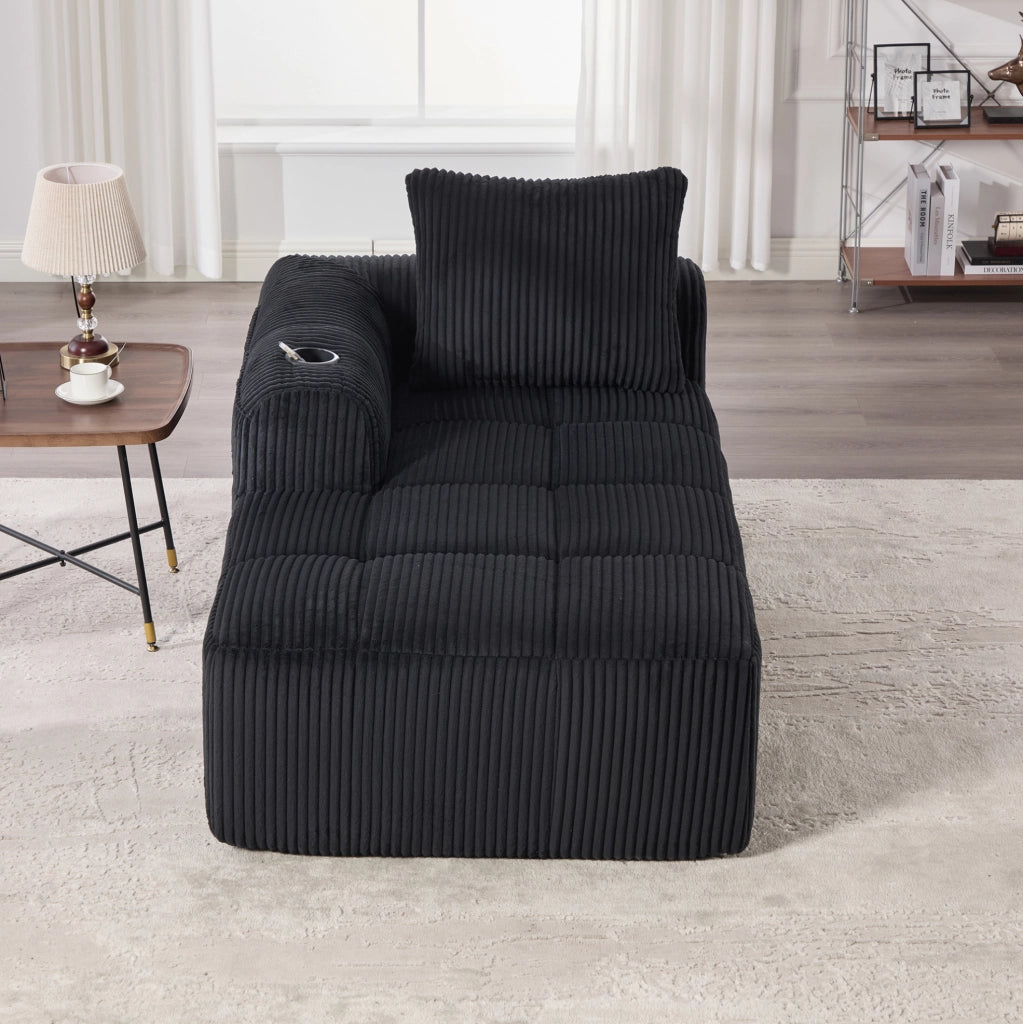 Divano compatto in velluto a coste nero con tasche laterali e portabicchieri; 158x93x61 cm