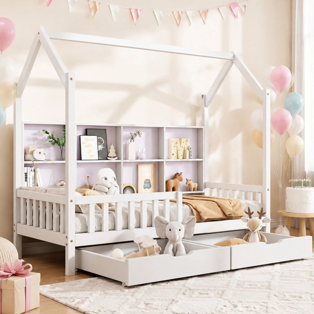Letto a casetta per bambini in legno di pino con 2 cassetti, scaffale posteriore e sponde, 90x200 cm, bianco