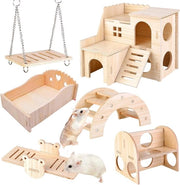 Set di 6 accessori per gabbia di coniglio e piccoli roditori, casa, ponte, bilancia e scivolo per decorazione e gioco.