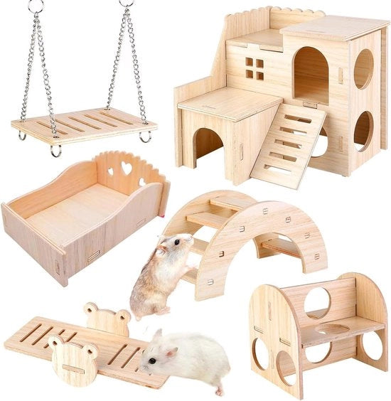 Set di 6 accessori per gabbia di coniglio e piccoli roditori, casa, ponte, bilancia e scivolo per decorazione e gioco.