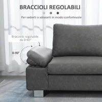 Divano 3 Posti Reclinabile e Imbottito con Braccioli Regolabili, in PU, Legno e Metallo, 200x88x86 cm, Grigio