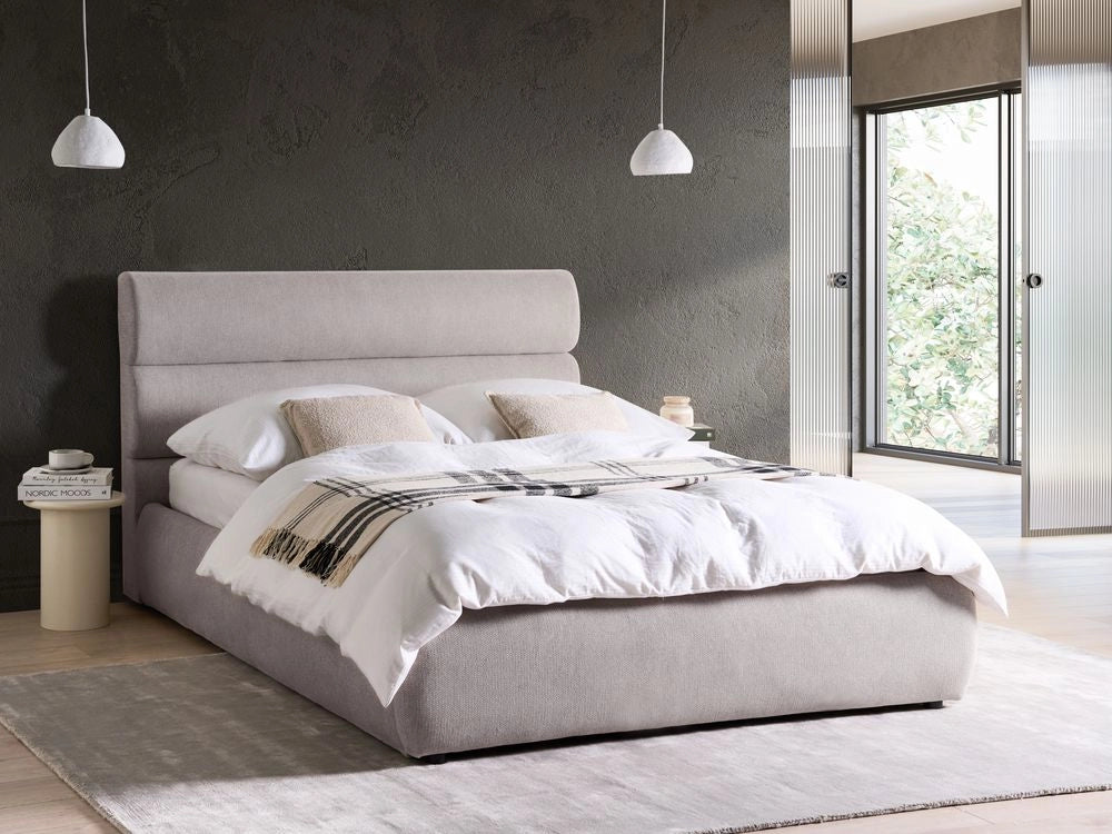 Telaio del letto a doghe in tessuto di lino grigio imbottito gambe in plastica ottomana di stoccaggio 140 x 200 cm EU dimensioni doppie Design moderno