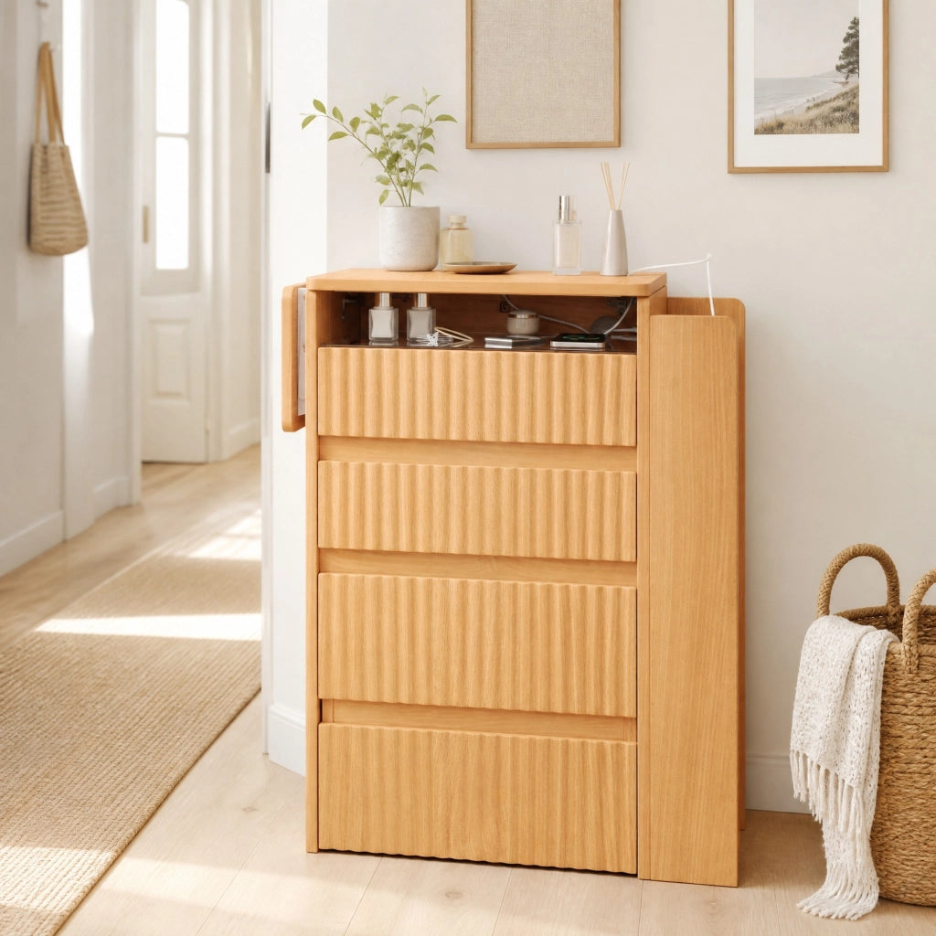 Tavolo da trucco con specchio LED pieghevole, 2 prese, USB e Type-C, sgabello con ruote, 3 cassetti e piano laterale richiudibile, 79 x 120 x 40 cm
